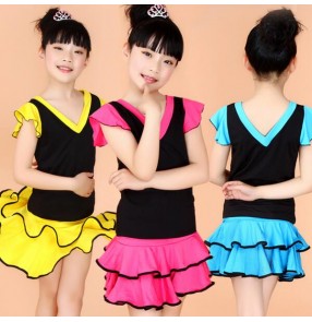 Yellow black turquoise black fuchsia black patchwork girls kids child children toddlers short sleeves v neck gymnastics  performance latin salsa cha cha dance dresses